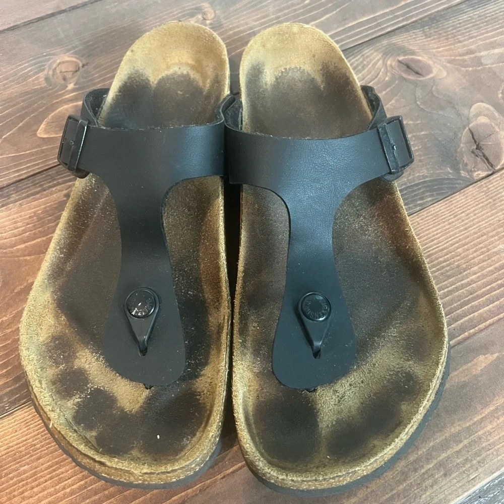 Birkenstock Arizona Giselle T strap sandals size 40 BLACK leather Footbed